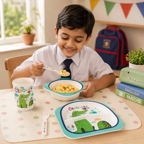 Image of MARKET 99 Multicolor Children's Pastel Dinner Set with 1 Plate, 1 Bowl, 1 Tumbler, 1 Fork & 1 Spoon | Lightweight, Durable & Safe Kids Dining Set for Daily Use, Picnics, Travel, and Home Feeding
