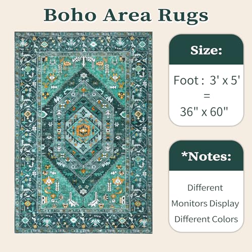 SERISSA Area Rug 3x5 Boho Teal Rugs for Bedroom, Washable Kitchen Rugs Non-Slip, Ultra Soft Print Distressed Tribal Entry Rug Low-Pile Throw Rug Carpet for Bedroom Nursery Living Room Dorm Decor