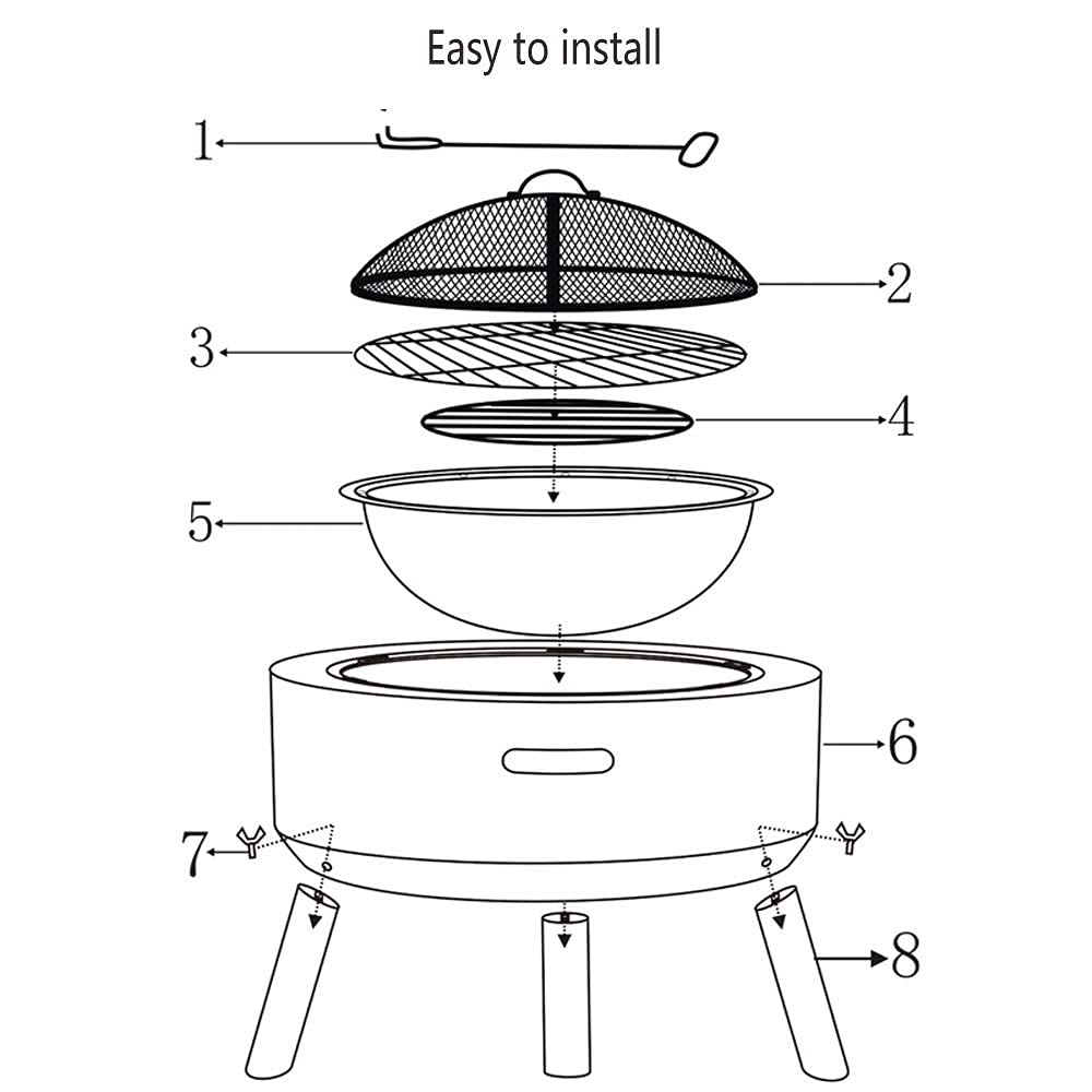 Mesa para Hoguera para Exterior Redonda, Hormigón, Piedra de Imitación para Fogata Al Aire Libre, con Pantalla de Chispa, Póquer para Chimenea, Rejilla Y Parrilla para Exterior, Jardín Black