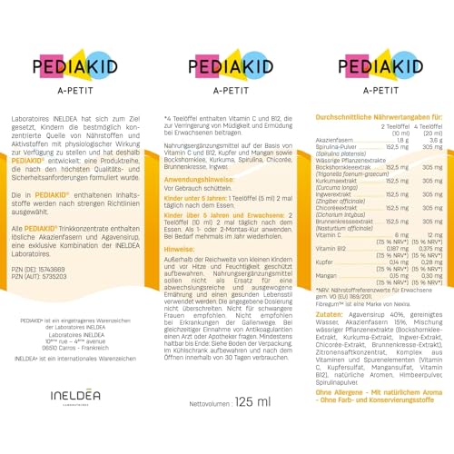 PEDIAKID - Appetit-Tonus-Sirup - Natürliche Nahrungsergänzung - Exklusive Formel mit Agavensirup - Stimuliert den Appetit - Hilft bei der Gewichtszunahme - Packung mit 2 Fläschchen à 125ml