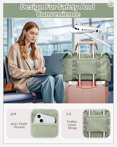 Image of Travel Duffel Bags for Women Mens Waterproof Weekender Carry on Bag Sports Gym Bag Travel Tote Bags with Wet Pocket Overnight Bag Workout Duffel Bags with Trolley Sleeve Grey Green