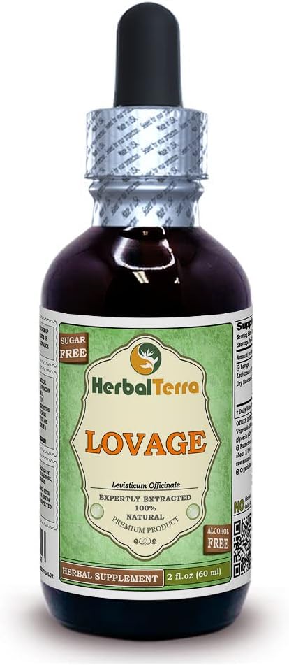 Lovage (Levisticum Officinale) Glycerite, Organic Dried Root Alcohol-Free Liquid Extract (Brand Name: HerbalTerra, Proudly Made in USA) 2x2 fl.oz (2x60 ml)