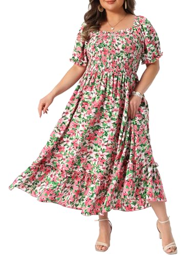 Image of Agnes Orinda Plus Size Dress for Women Short Sleeve Shirred Square Neck Floral Maxi Long Dresses