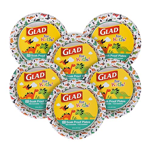 Glad for Kids Dinosaur Disposable Paper Plates, Heavy Duty Soak Proof Microwave Safe Kids Plates for Snacks, Meals, and Parties, Fun Dino Design, Party Pack, 8.5 Inch, 20 Count - 6 Pack