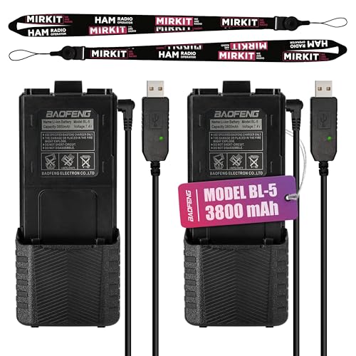 Mirkit 2Pc Uv5R Battery Bl-5 3800Mah & 2Pc 2.5 Mm Usb Charger Cables With Lanyards Mirkit For Two Way Radio Compatible With Baofeng Uv-5R Bf-F8Hp Uv-5Rx3 Uv-5Rtp Uv-5X3 cover