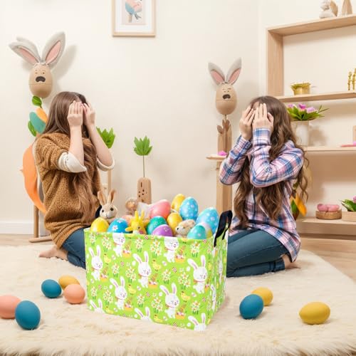 Image of Large Empty Easter Basket for Kid Fabric Personalized Bunny Eggs Easter Gift Basket for Boy and Girl (Rabbit Chicken Green Bottom)