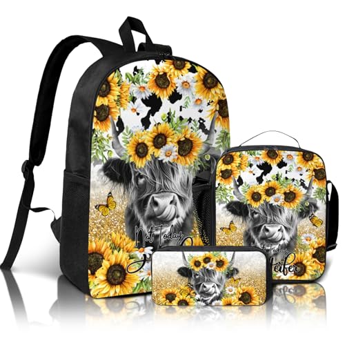 Girls Backpack for School, 3pcs Highland Cow Backpack for Girls Boys with Lunch box Pencil Case, Kids Cow Print Bookbag Teen Backpacks for Elementary Middle School Travel Back Pack 17″ Large Capacity