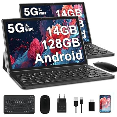 GOODTEL Tablet 10.1 Pulgadas 14GB RAM+128GB ROM 1TB TF Android Octa-Core 5G + 2.4G WiFi Bluetooth 5.0 GMS Certified GPS 6000mAh 8MP+5MP Tablet PC con con Funda Teclado y Ratón Negro