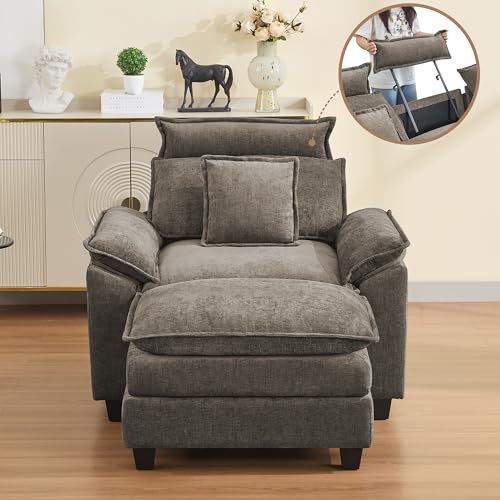 Image of 46''Cloud Oversized Sofa Chair with Detachable Headrest, Upholstered Comfy Arm Accent Chair with Ottoman,Modern Chenille Reading Lounge Armchair for Living Room,Bedroom, Brown