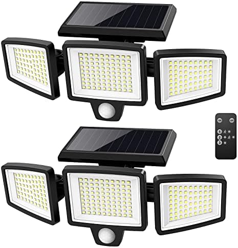 Tuffenough Solar Outdoor Lights 2500LM 210 LED Security Lights with Remote Control,3 Heads Motion Sensor Lights, IP65 Waterproof,270° Wide Angle Flood Wall Lights with 3 Modes(2 Packs)