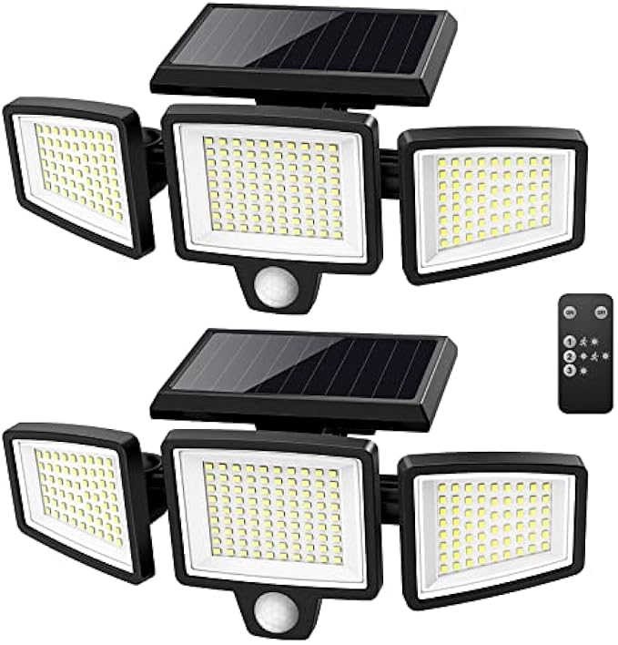 Tuffenough Solar Outdoor Light 2500LM 210 LED Security Light with Remote Control, 3 Heads Motion Sensor Light, IP65 Waterproof, 270° Wide Angle Flood Wall Light, 3 Modes (2-Pack)