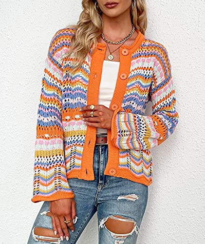 Image of xxxiticat Women's Rainbow Knitted Cardigan Sweater Long Sleeve Multicolor Striped Sweater Jumpers Open Front Jacket