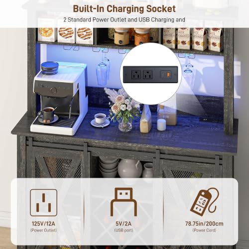 Image of 47 inchWide 56 inchH Farmhouse Coffee Bar Cabinet with Power Outlet and LED Light,Wine Bar Cabinet w /3 Storage Hutch,Kitchen Buffet Cabinet with 10 Wine and Glass Racks for Kitchen Dining Room(Dark Oak)