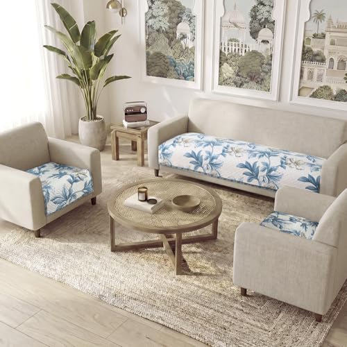 Image of HOKIPO 'Homehues Series' Printed Quilted Sofa Cover Mat for 5 Seater Set - Celadon Blue Camellia (IN-806 * 2 + IN-809 - D8)