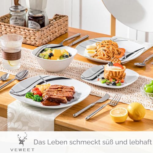 VEWEET Serie FIONA 12-teiliges Porzellan Geschirrset für 4-12 Personen, Weiß mit schwarzen Linien, Tafelservice mit 4 Speiseteller… – Ansicht 3