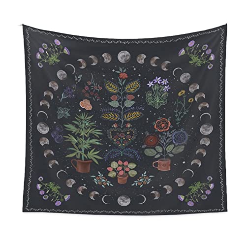 Linice Plant Tapestry, Nature Moon Phase Tapestry Wall Hanging, Bohemian Mandala Tapestry Aesthetic Bedroom Decor, Botanical Tapestries Suitable For Bedroom Home Dorm-60" X 80" #TOP21