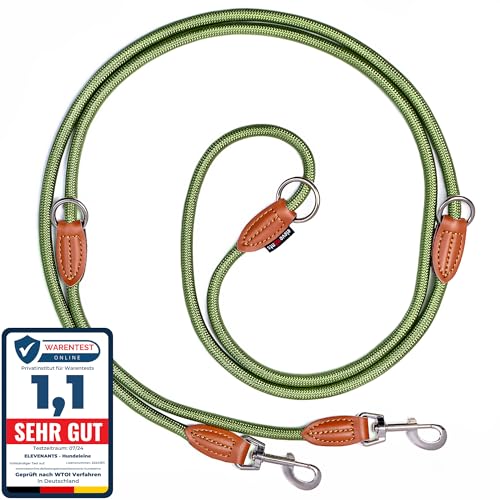 elevenants® Verstellbare Hundeleine 3 Meter | Robuste Nylon Umhängeleine für mittelgroße bis große Hunde | Führleine mit 200kg Zugkraft | Doppelleine mit 2 Karabiner | Multifunktionsleine (Grün)