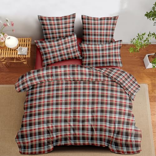 Image of Nayoroom Plaid Duvet Cover Queen Size Vintage Red Brown Gingham Checkered Tartan Duvet Cover Dorm Bedding Set 3 Pieces Soft Lightweight Microfiber Farmhouse Bedding Set Gifts for Women Men