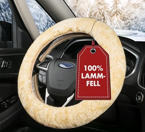 Walser Lammfell Lenkradbezug Auto 100% Lenkradschutz Lenkrad Bezug Winter Zubehör Wärmer Beige 37-39 cm Durchmesser