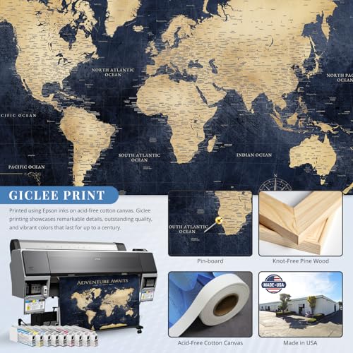 Image of IPIC - Vintage Teal World Map Pin Board Canvas Wall Art, Travel Map with Pins Included, Ready to Hang for Home or Office 30x24 Inch