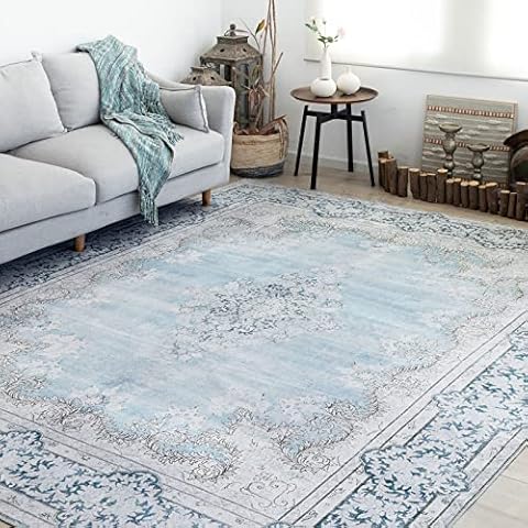 DECOMALL Maila Washable Rug, Traditional Oriental Rug,Vintage Distressed Large Carpet for Living Room Bedroom, 9x12ft Blue Cover