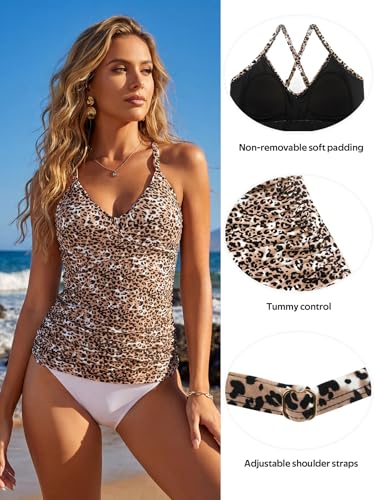 Image of RELELCIGA Women's Tankini Top V Neck Ruched Tummy Control Bathing Suit Top