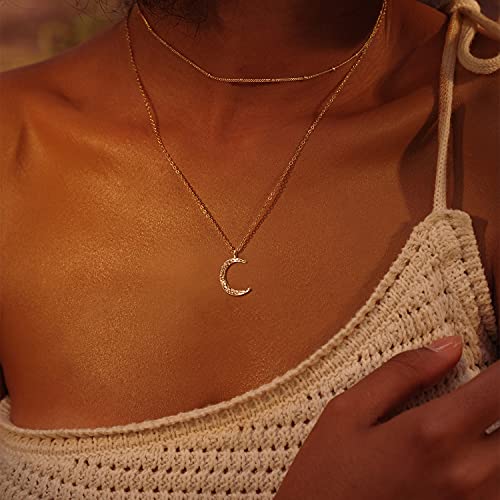Image of Fettero Pendant Necklace Gold Choker Layered Coin Open Karma Circle Full New Crescent Moon 14K Gold Plated Simple Dainty Necklaces for Women Jewelry Gift