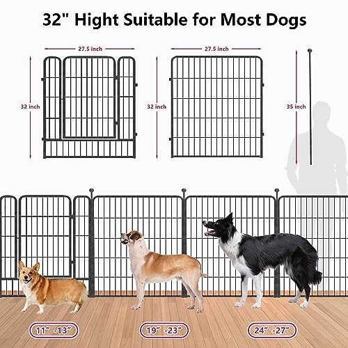 Jhsomdr Dog Playpen Outdoor 32" Height Foldable 16 Panels Metal Portable Dog Pens Indoor Anti-Rust Exercise Dog Fence with Doors for Large/Medium/Small Pets Play Pen for RV Camping Yard