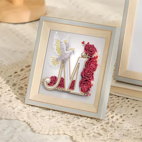 Image of AiYuanzsh 5D Diamond Art Kits for Adults Letter M, Modern Rose & Dove Floral Diamond Painting Kit for Beginners, Luxury Initial DIY Diamond Art for Home Decor 17x17cm