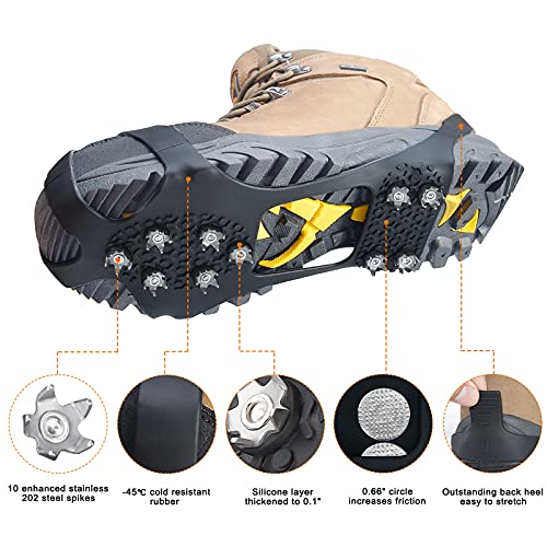 Crampons Ice Cleats Traction Snow Grips For Boots Shoes, Takyu 10 Stainless Steel Spikes Safe Protect For Hiking Fishing Walking Climbing Mountaineering Women Men (M, Black) #TOP1