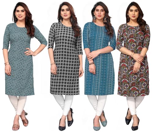 Image of JAKHANA Women's Crepe Printed Casual Straight Calf Length Round Nick Kurta Pack of 4