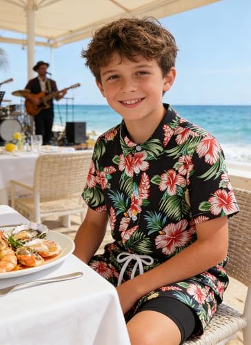 Image of UNICOMIDEA Boys Hawaiian Outfits Tropical Print Button Down Shirt + Swim Trunks 2 Piece Sets for 5-12T Kids