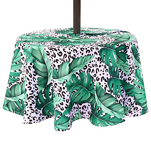 Squarepie Outdoor Indoor 60'' Round Tablecloth With Umbrella Hole And Zipper, Waterproof Patio Zippered Table Cloths For Spring Summer Party Picnic, Leopard Leaves #TOP30