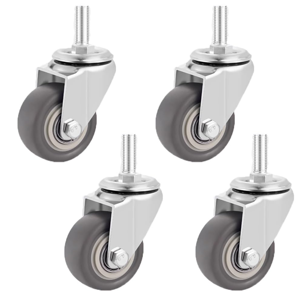 4 Pezzi Silenziose Ruote in Gomma, 3 Pollice Ruote Pivottanti, M10/M12/M16 Stelo Filettato Ruote con Freni per Carrelli, Tavoli(Swivel,M12)