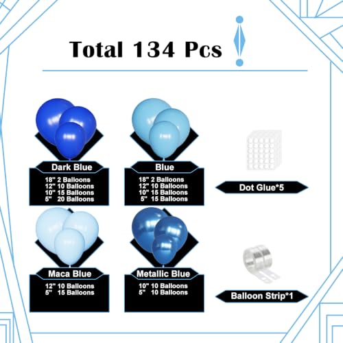 Image of Lukiituke Blue Balloon Arch Kit, 134Pcs Blue Birthday Balloons | 4 Sizes Latex Balloons for Baby Shower, Birthday, Baseball Party Decorations