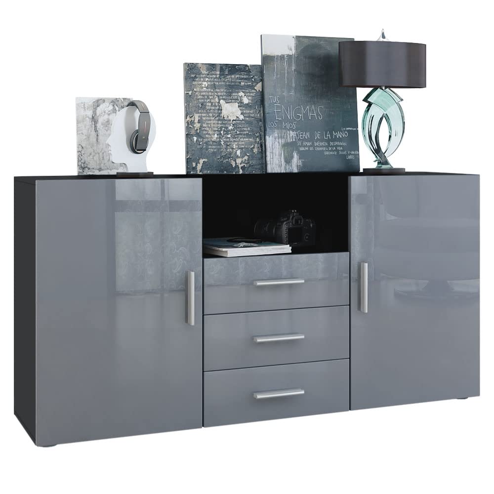 Commade Skadu Vladon - 2 Portes, 3 Tiroirs, Compartiment Ouvert - Noir Mat / Chêne Brut - 138,5x71,5x35 Cm - 14