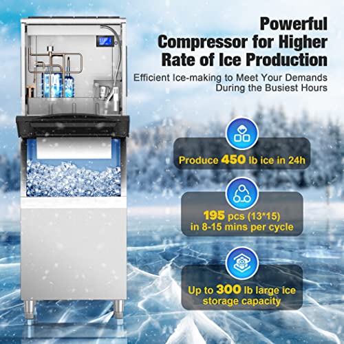 Coolski Commercial Ice Maker Machine 450Lb/24H, 22'' Wide Ice Machine With 300Lb Large Storage Bin, Clear Ice Cube Air Cooled Stainless Steel Ice Maker For Bar/Cafe/Restaurant/Business #TOP1