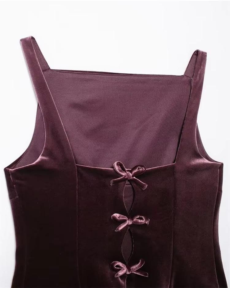 Women's Velvet Spaghetti Strap Back Bow Vest with Side Zipper and Slash Neck2