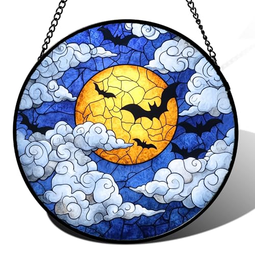 Image of Stained Glass Window Hanging - Halloween Decorations Bats Moon Clouds Suncatcher for Doors Garden Indoor Spooky Funny Sun Catchers Gothic Decor Horror Gifts for Women Men Friend 9.8 in