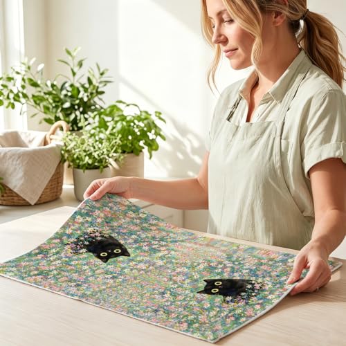 Image of Cute Cat Kitchen Towels 24x14 Inch, Cats Gifts Floral Reusable Dish Towels for Kitchen Bathroom Home Decor, Waffle Weave Absorbent Hand Cloth Tea Towel, Cat Lover Gifts for Women Mom Friend
