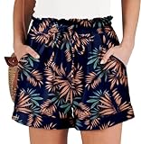 Angerella Women's BlueLeaves Floral Print Casual Shorts with 2 Pockets and Drawstring Closure - Mid Rise - Size L - Short Length