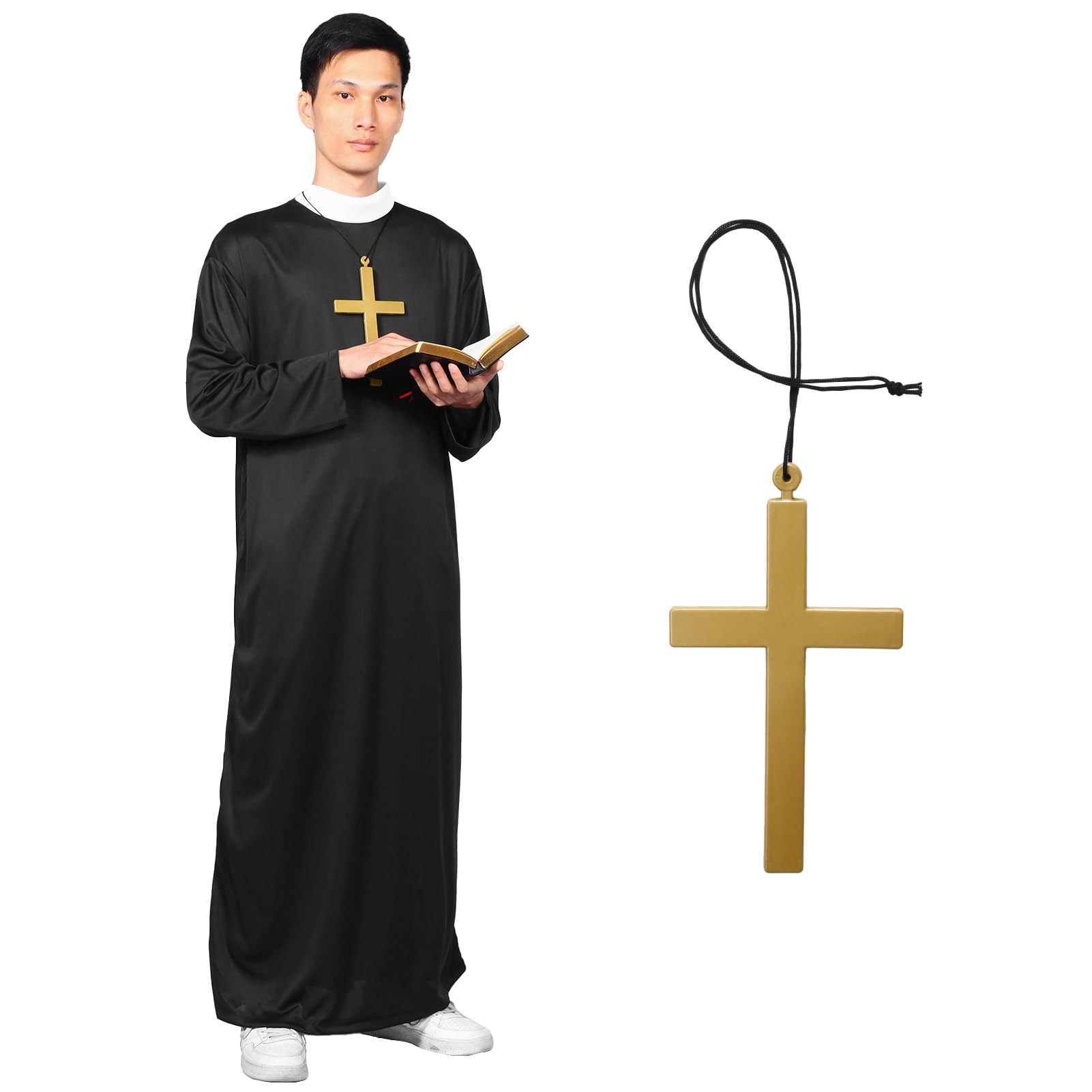 Alaiyaky Monk Costume Set for Adult - Black Clothing With Cross Necklace, Nun Turban - Priest Outfit for Halloween Carnival Theme Party (Male, M)