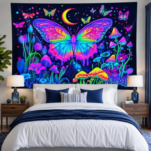 Image of BlissYard Neon Blacklight Tapestry Banner 79x59 Inch Butterfly Mushroom Moon Neon Tapestry Celestial Garden Aesthetic Bohemian Reactive Decor Decration Glow In The Dark Banners Decration Black Light Tapestries