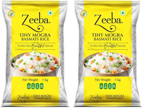 Image of Zeeba Tiny Mogra Basmati Rice 5 Kg, Small Grains with Great Taste, Gut-friendly Rice (Cooked length upto 10mm*) (Pack of 2)