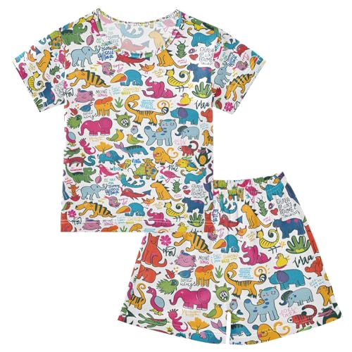 ALAZA Colorful Dinosaur Elephant Bird Pajamas Set Short Sleeve Cotton Sleepwear Summer Pjs 2 Piece 5-14Y