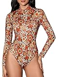 Verdusa Women's High Neck Long Sleeve Floral Print Tee Bodysuit Leotard Tops Orange Multi Medium