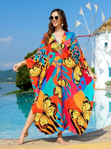 Image of IMAGEKOPE Women's Plus Size Animal Print V-Neck Batwing Kaftan Beach Dress Bathing Suit Cover-Up Loungewear