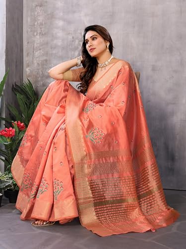 Image of StyleScope Women's Assam Cotton Silk Golden Boarder Thread Embroidered Saree With Unstitched Blouse Piece (Ulajh)