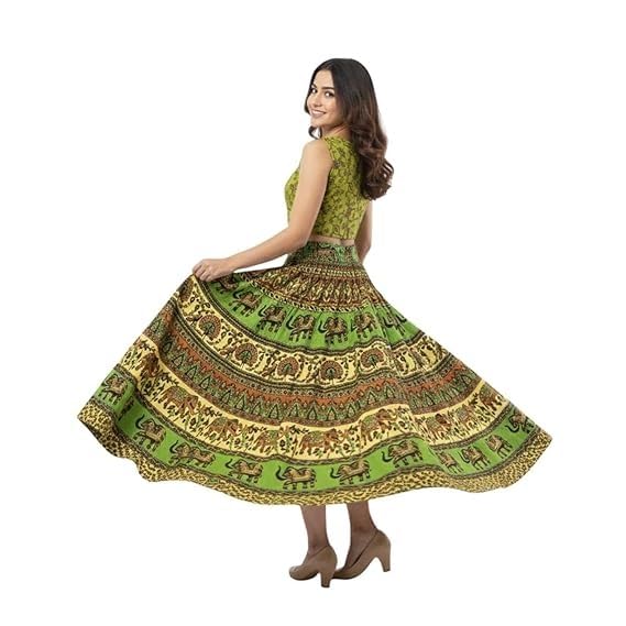 Image of HARSHITA-Enterprises Jaipuri Women's Cotton Printed Elastic Long Skirts
