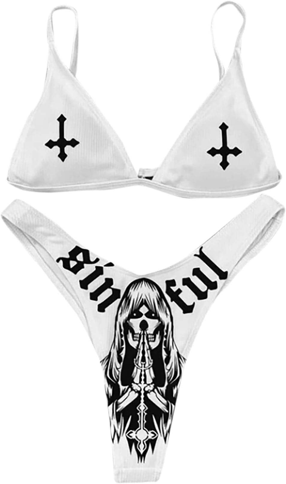 Women's Skull Letter Printed Two Piece Swimsuit High Cut Triangle Bikini Set for Party Festival Halloween